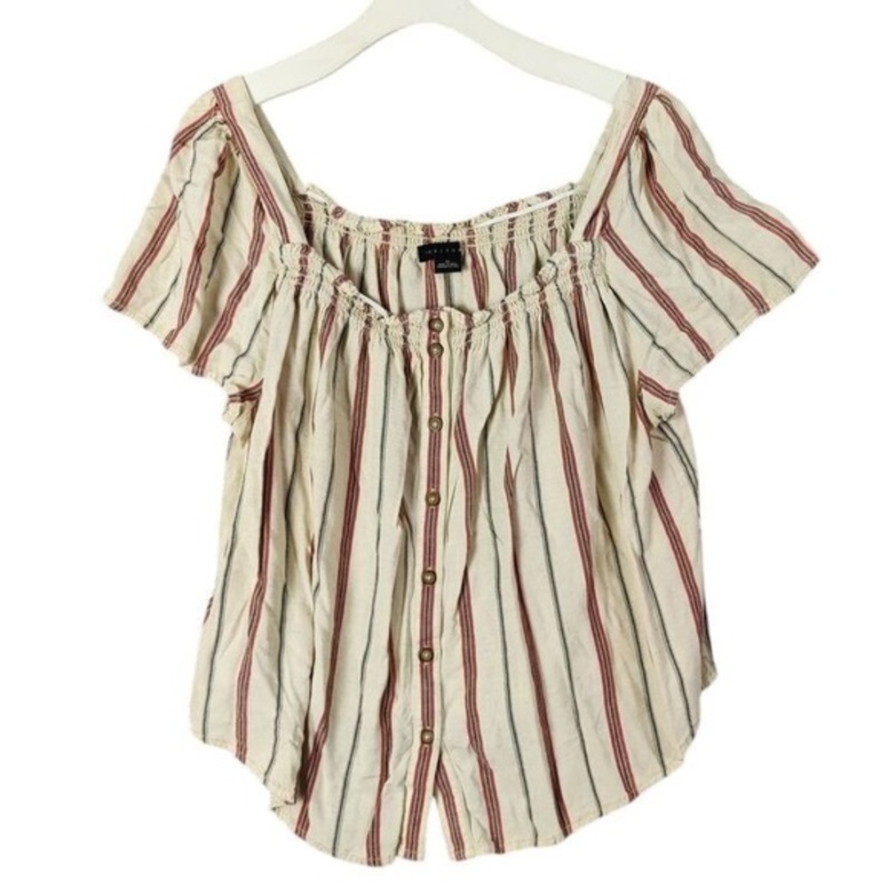 Sanctuary Womens Peasant Coastal Linen Blend Smocked Top 2X Cream Striped Blouse